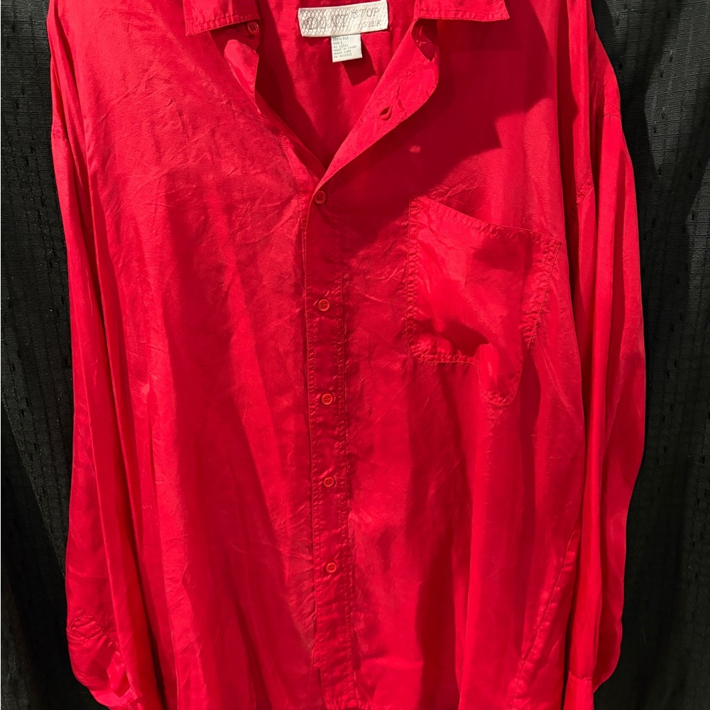 Vintage Don't Stop Silk Red 100% Silk Button Down Blouse Size Large